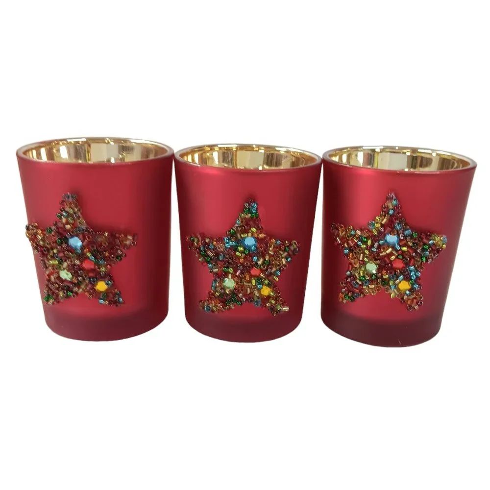 Pier One Glass Red Frosted Candleholders Star Bead Design New In Box